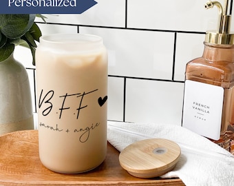 BFF Glass Tumbler With Names Personalized BFF Frosted Glass Cup Gift For Best Friend Custom BFF Iced Coffee Cup, Best Friend Birthday Gift