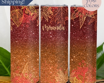 Personalized Fall Glitter Tumbler, Custom Glitter Tumbler Cup, Autumn Travel Mug, Fall Leaves Travel Cup, Fall Tumbler Gift For Thanksgiving