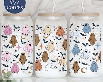 Personalized Halloween Frosted Glass Tumbler, Ghost Frosted Glass Cup, Custom Halloween Coffee Cup, Spooky Fall Glass Can, Cute Retro Ghost