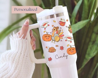 40 oz Personalized Thanksgiving Turkey Tumbler With Handle Custom Retro Turkey Tumbler Cute Thanksgiving Gift For Fall 40oz Turkey Cup