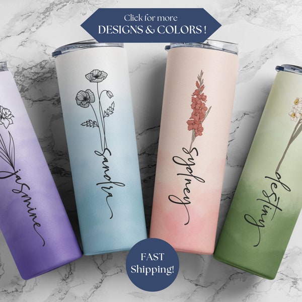 Personalized Birth Flower Tumbler with Name, Custom Birth Flower Tumbler Cup, Custom Mom Gift for Mother's Day, Bridesmaid Proposal Gift