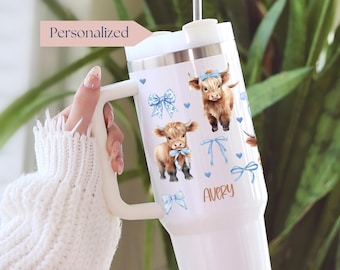 40 oz Personalized Coquette Highland Cow Tumbler With Handle Custom Blue Bow Cow Cup 40oz Aesthetic Tumbler Gift For Highland Cow Lover