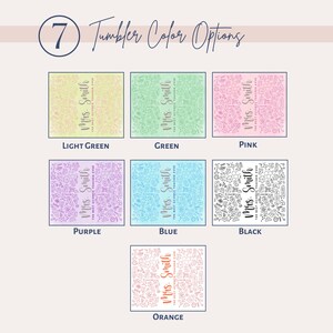May include: Image displaying seven tumbler colour options. Each tumbler has a science-themed doodle pattern and the text "Mrs. Smith, The Best Science Teacher Ever." Colours include light green, green, pink, purple, blue, black, and orange.