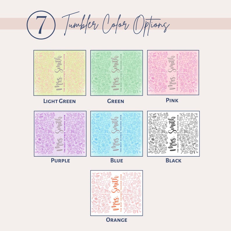 May include: Image displaying seven tumbler colour options. Each tumbler has a science-themed doodle pattern and the text "Mrs. Smith, The Best Science Teacher Ever." Colours include light green, green, pink, purple, blue, black, and orange.