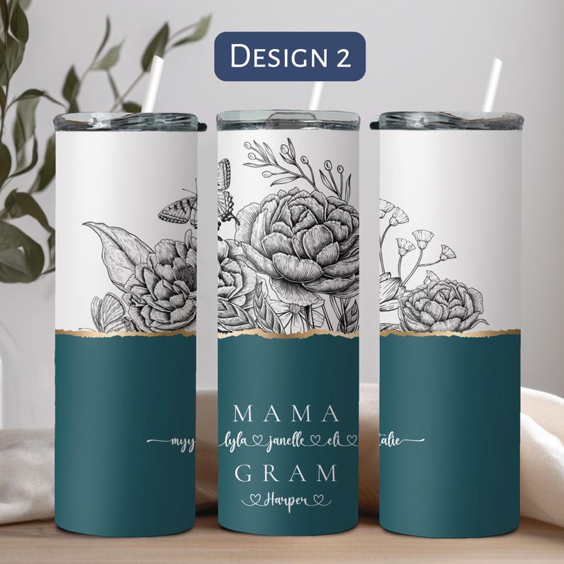 Personalized Floral Grandma Tumbler, Custom Tumbler Gift For Mother's Day, Grandma Tumbler With Grandkids Name, Flower Cup For Birthday Gift Design 2
