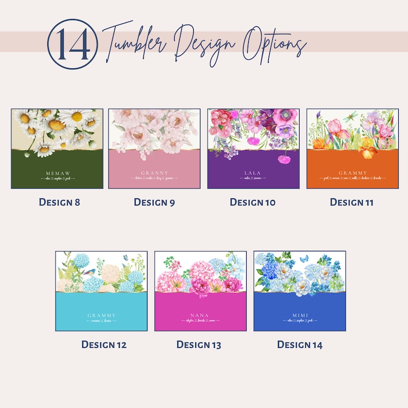 May include: A collage of 14 different tumbler designs featuring floral patterns and names such as "Grandma", "Mimi", and "Nana".