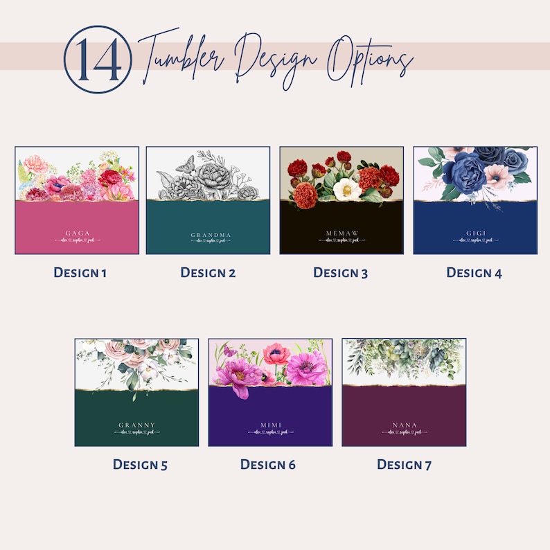 May include: Seven different designs for a personalised tumbler. Each design features a floral pattern and a name in a gold script font. The names are Gaga, Grandma, Memaw, Gigi, Granny, Mimi, and Nana.