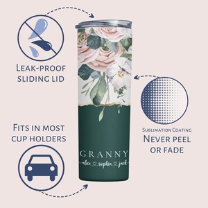 May include: A green and white floral tumbler with a sliding lid. The tumbler has the text "Granny alice sophia jack" on the bottom. The tumbler is leak-proof and fits in most cup holders. The sublimation coating is never peel or fade.