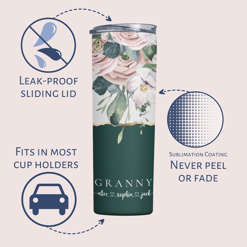 May include: A green and white floral tumbler with a sliding lid. The tumbler has the text "Granny alice sophia jack" on the bottom. The tumbler is leak-proof and fits in most cup holders. The sublimation coating is never peel or fade.