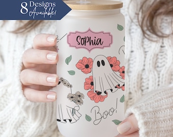 Floral Ghost Glass Tumbler Personalized Halloween Glass Cup, Custom Halloween Gift For Her, Retro Ghost Frosted Cup, Cute Flower Ghost Cup