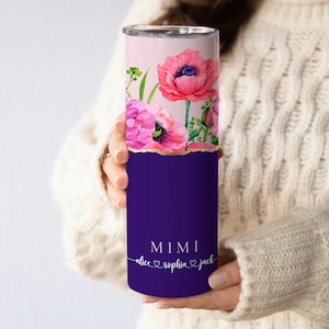 May include: Purple and pink floral tumbler with a gold accent and the text "MIMI alice &hearts; sophia &hearts; jack"
