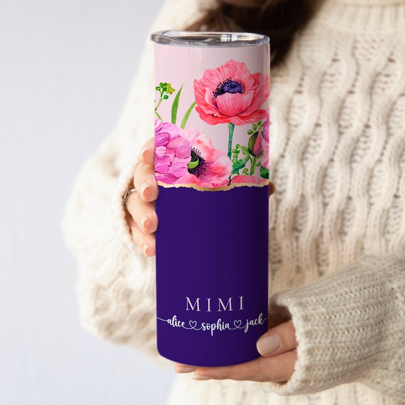 May include: Purple and pink floral tumbler with a gold accent and the text "MIMI alice &hearts; sophia &hearts; jack"