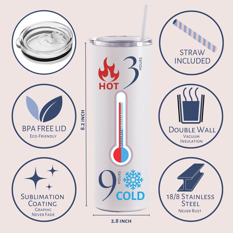 May include: A white stainless steel tumbler with a thermometer graphic showing it keeps drinks hot for 3 hours and cold for 9 hours. It has a clear lid, a straw, and is double-walled for insulation.