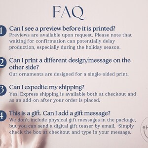 May include: Image with the word "FAQ" at the top, followed by four numbered questions and answers. The questions address previews, printing on both sides, expedited shipping, and gift messages. The Happy Vibe Goods logo is in the bottom right corner.