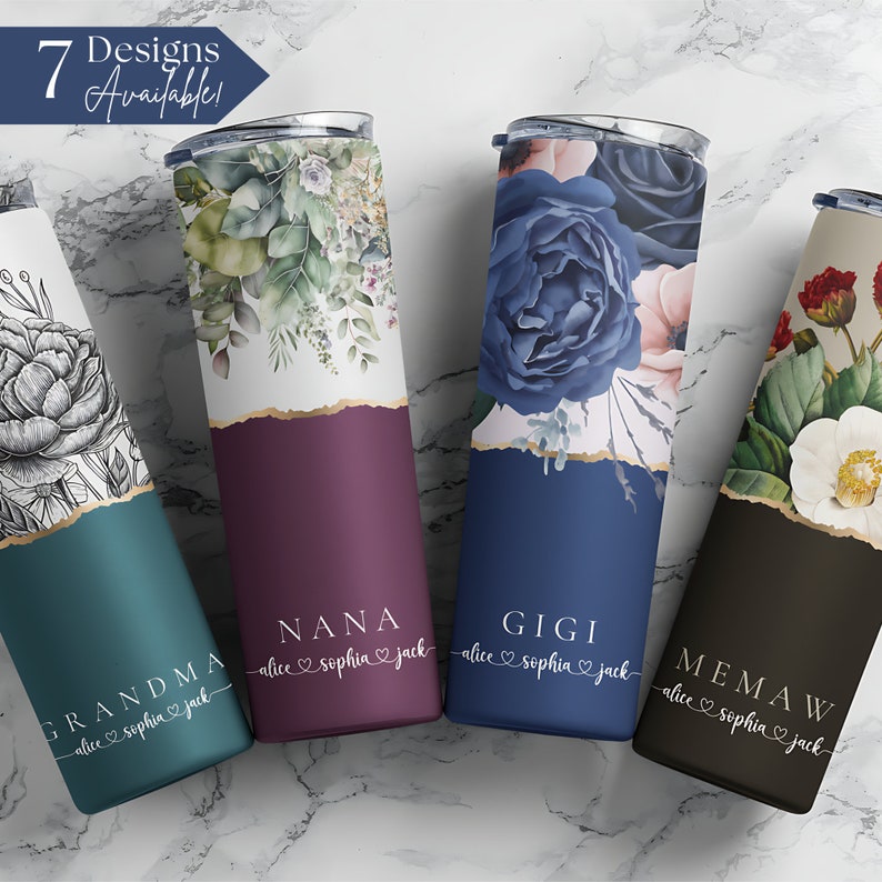 Personalized Floral Grandma Tumbler, Custom Tumbler Gift For Mother's Day, Grandma Tumbler With Grandkids Name, Flower Cup For Birthday Gift image 1
