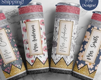 Personalized Teacher Tumbler Gift, Custom Name Teacher Cup, Teacher Appreciation Gift, Glitter Pencil Skinny Tumbler 20oz, Pencil Tumbler