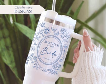 Blue Toile Mother Of the Bride Tumbler 40oz, Personalized Mother Of The Groom Tumbler With Handle, Blue Floral Toile De Jouy Wedding Cup