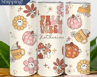 Personalized Fall Vibes Tumbler, Retro Fall Tumbler Cup With Name, Custom Autumn Pumpkin Travel Mug, Fall Travel Cup, Fall Gift For Women