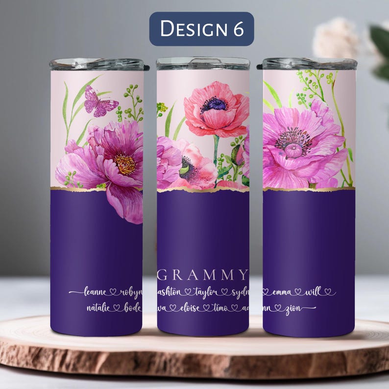 Personalized Floral Grandma Tumbler, Custom Tumbler Gift For Mother's Day, Grandma Tumbler With Grandkids Name, Flower Cup For Birthday Gift Design 6