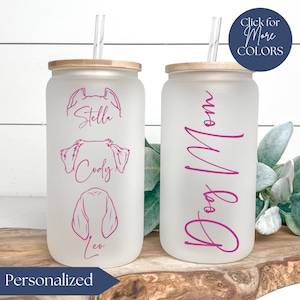 Dog Mom Frosted Cup Personalized, Custom Dog Ear Glass Cup Gift For Dog Mom Glass Tumbler, Dog Lover Iced Coffee Cup With Bamboo Lid