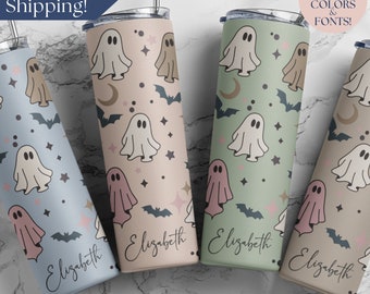 Personalized Halloween Ghost Tumbler with Name, Spooky Ghost Travel Cup, Custom Halloween Tumbler, Retro Ghost Tumbler Gift for Halloween