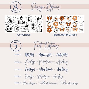 Op de afbeelding: Afbeelding met ontwerp- en lettertype-opties voor gepersonaliseerde items. Twee ontwerpopties worden getoond: "Cat Ghost" en "Bookworm Ghost". Vijf lettertypestijlen worden getoond, elk met de namen Evelyn, Madison en Audrey. De achtergrond is lichtbeige.