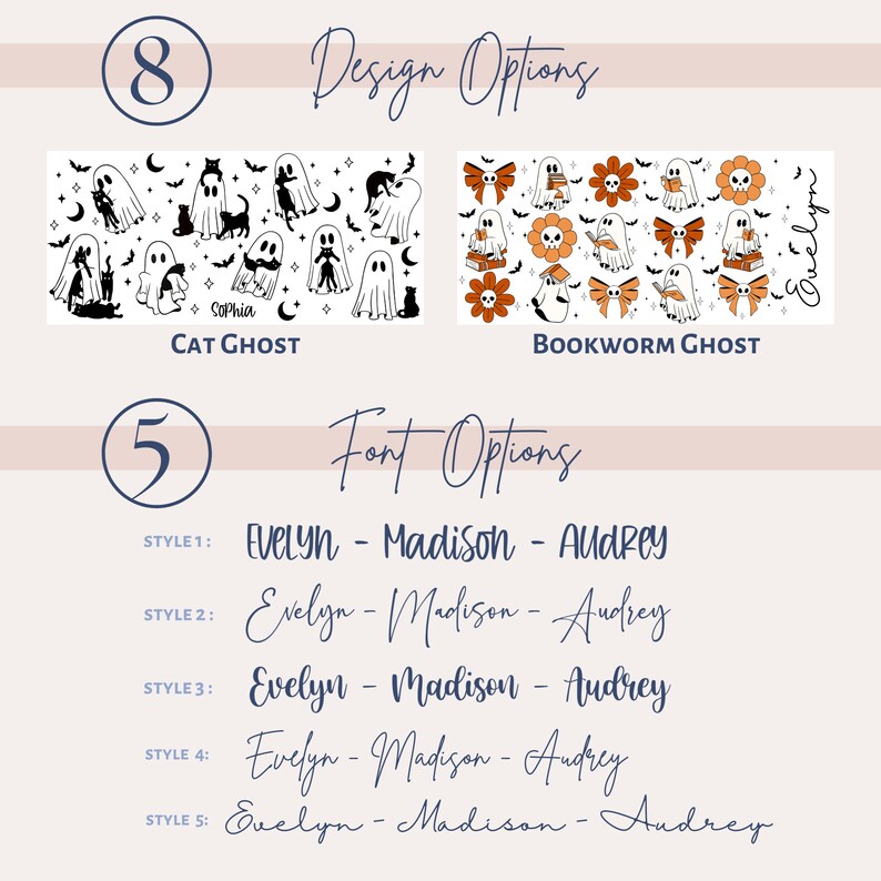 Op de afbeelding: Afbeelding met ontwerp- en lettertype-opties voor gepersonaliseerde items. Twee ontwerpopties worden getoond: "Cat Ghost" en "Bookworm Ghost". Vijf lettertypestijlen worden getoond, elk met de namen Evelyn, Madison en Audrey. De achtergrond is lichtbeige.