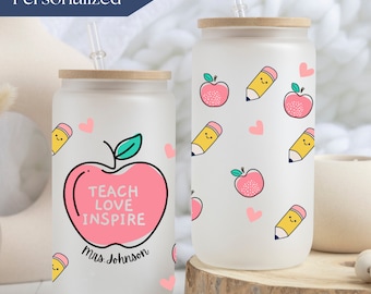Teacher Glass Coffee Cup Personalized Teacher Glass Tumbler With Teacher's Name, Custom Teacher Christmas Gift for Teacher, Teacher Cup