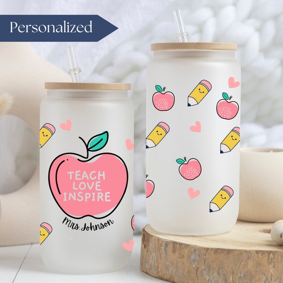 Teacher Glass Coffee Cup Personalized Teacher Glass Tumbler With Teacher's Name, Custom Teacher Christmas Gift for Teacher, Teacher Cup