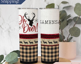Personalized Buffalo Plaid Deer Tumbler With Name, Oh Deer Tumbler, Custom Christmas Travel Mug Gift, Holiday Travel Cup, Christmas Deer Cup