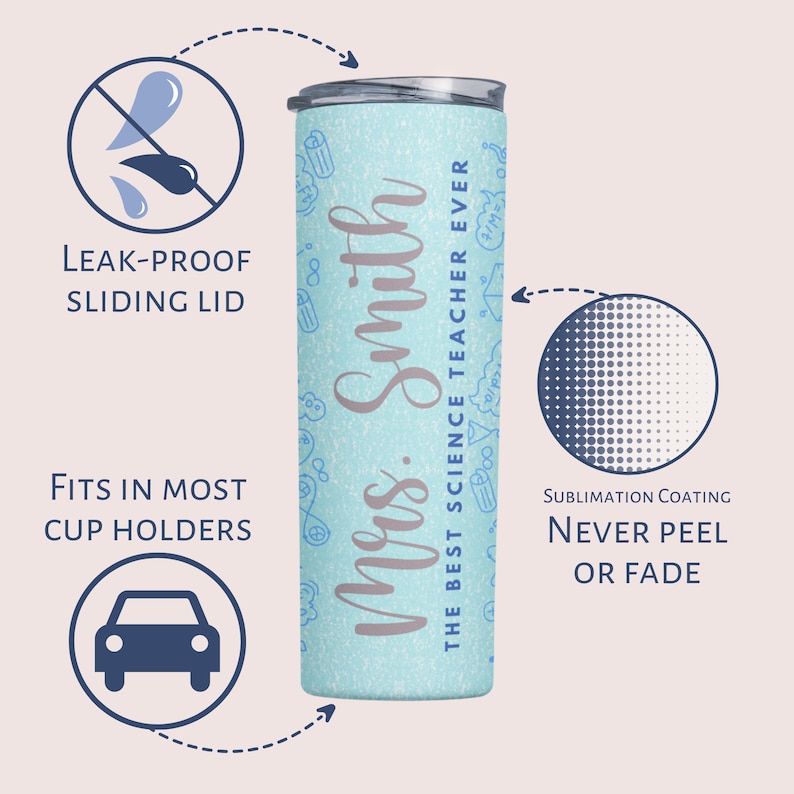 May include: A light blue insulated tumbler with a leak-proof sliding lid. The tumbler features the text "Mrs. Smith, The Best Science Teacher Ever" in a script font. It has a sublimation coating that will never peel or fade.