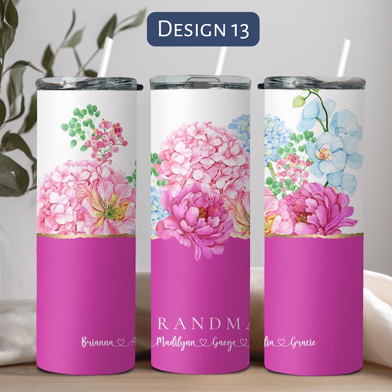 Personalized Floral Grandma Tumbler, Custom Tumbler Gift For Mother's Day, Grandma Tumbler With Grandkids Name, Flower Cup For Birthday Gift Design 13