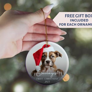 May include: A round Christmas ornament featuring a dog wearing a Santa hat. The dog is brown and white, with the name "Baileys" and "First Christmas 2025" printed on the ornament. A gold string is attached for hanging.