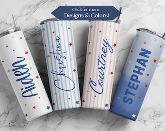 Vaso térmico delgado personalizado de 20 oz para el 4 de julio con nombre personalizado, vaso térmico patriótico del Día de la Independencia con estrellas y rayas.
