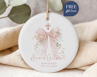 Personalized Baptized Ornament 2025, Pink Bow Floral Baptism Ornament, Custom Christian Gift, Gift From Godparents, Baptism Keepsake