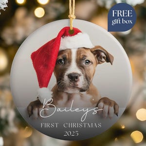 May include: Round Christmas ornament featuring a puppy wearing a red Santa hat. The ornament has the text "Bailey's First Christmas 2025" in a script font. A gold string is attached for hanging. The background is blurred.