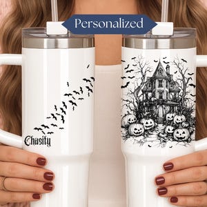 40 oz Personalized Haunted House Tumbler With Handle Custom 40oz Halloween Tumbler Gift For Halloween Spooky Haunted House Cup With Name