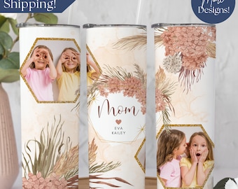 Mom Tumbler With Kid Names, Mother's Day Gift, Personalized Mom Photo Tumbler, Custom Mom Tumbler With Pictures, Boho Floral Mom Cup