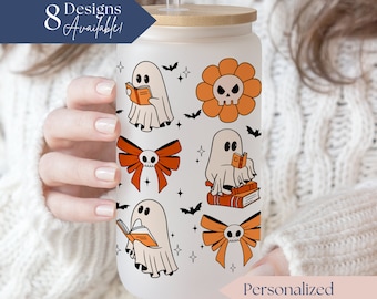 Personalized Bookish Ghost Glass Tumbler, Reader Gift For Halloween, Reading Ghost Glass Cup, Cute Halloween Ghost Bookworm Gift For Her