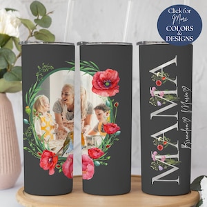 Personalized Mama Tumbler for Mom, Custom Mama Tumbler With Pictures, Christmas Gift for Mom from Kids, Floral Mama Photo Cup With Kids Name