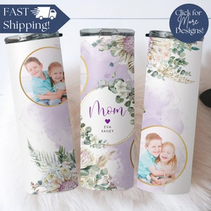Personalized Mom Tumbler With Pictures, Christmas Gift for Mom from Kids, Custom Photo Tumbler with Kids Names, Boho Floral Travel Cup