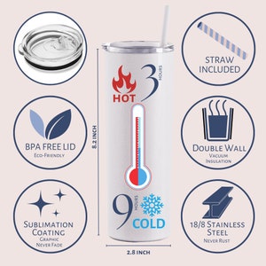 May include: White insulated tumbler with a straw, 20.8 cm tall and 7.1 cm wide. Features a thermometer graphic indicating hot for 3 hours and cold for 9 hours. Includes a BPA-free lid and double-wall vacuum insulation.