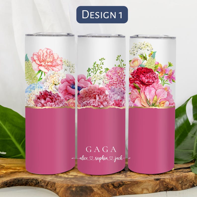 Personalized Floral Grandma Tumbler, Custom Tumbler Gift For Mother's Day, Grandma Tumbler With Grandkids Name, Flower Cup For Birthday Gift Design 1