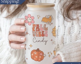 Fall Glass Tumbler Personalized Cottagecore Glass Cup, Fall Vibes Glass Can, Autumn Coffee Glass, Custom Iced Coffee Cup, Fall Lover Gift