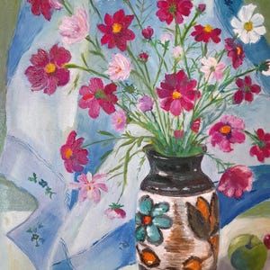 May include: A painting of a bouquet of pink and red cosmos flowers in a brown and white vase with a floral design. The vase is sitting on a table with green apples and red berries.