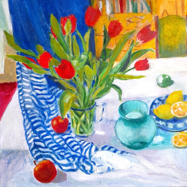 Rote Tulpen in einer Vase. Blumen und Früchte auf dem Tisch. Gemäldegröße :30x30 Zentimeter.