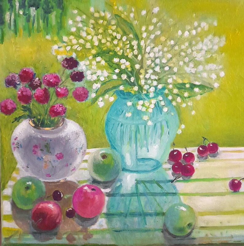 Stillleben. Ölgemälde. Blumen Und Früchte. Bildgröße: 40x40 Zentimeter ...