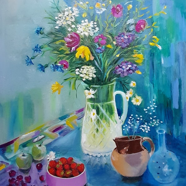 Stillleben , Wunderschöner Blumenstrauß. Ölgemälde. Impressionistischer Stil. Gemäldegröße; 50x60 Zentimeter .Keramiktopf.