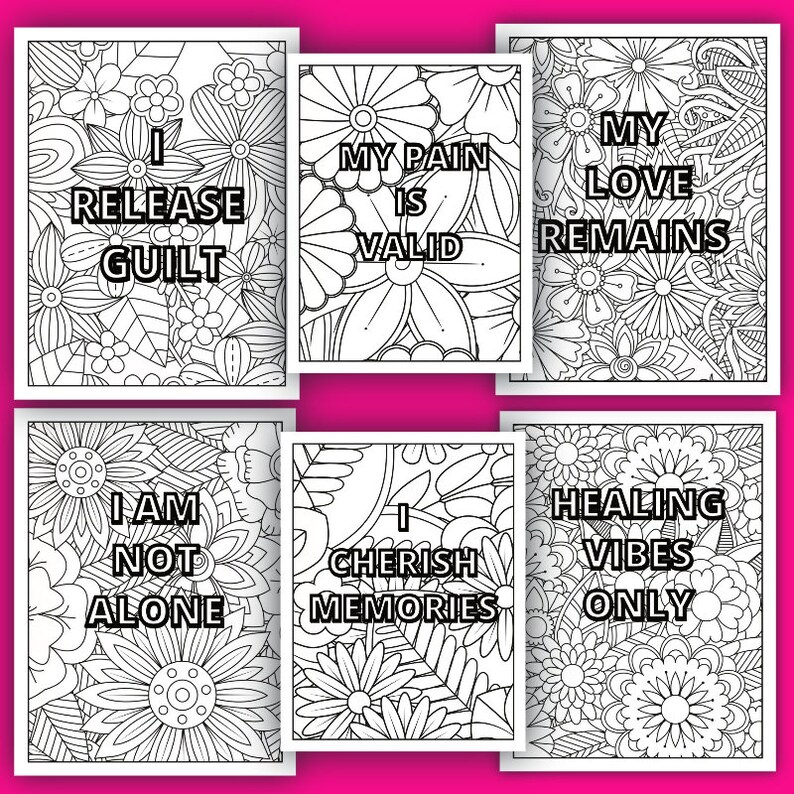 50 Grief and Loss Coloring Page Book, 50 Affirmations, Adult and Teens
