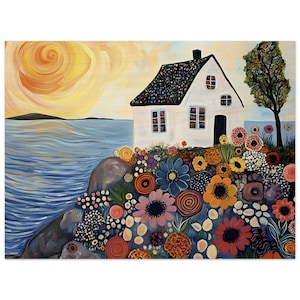 Unique Naïve Painting of White Stone House in Stockholm&#39;s Outer Archipelago - Printed on Wood